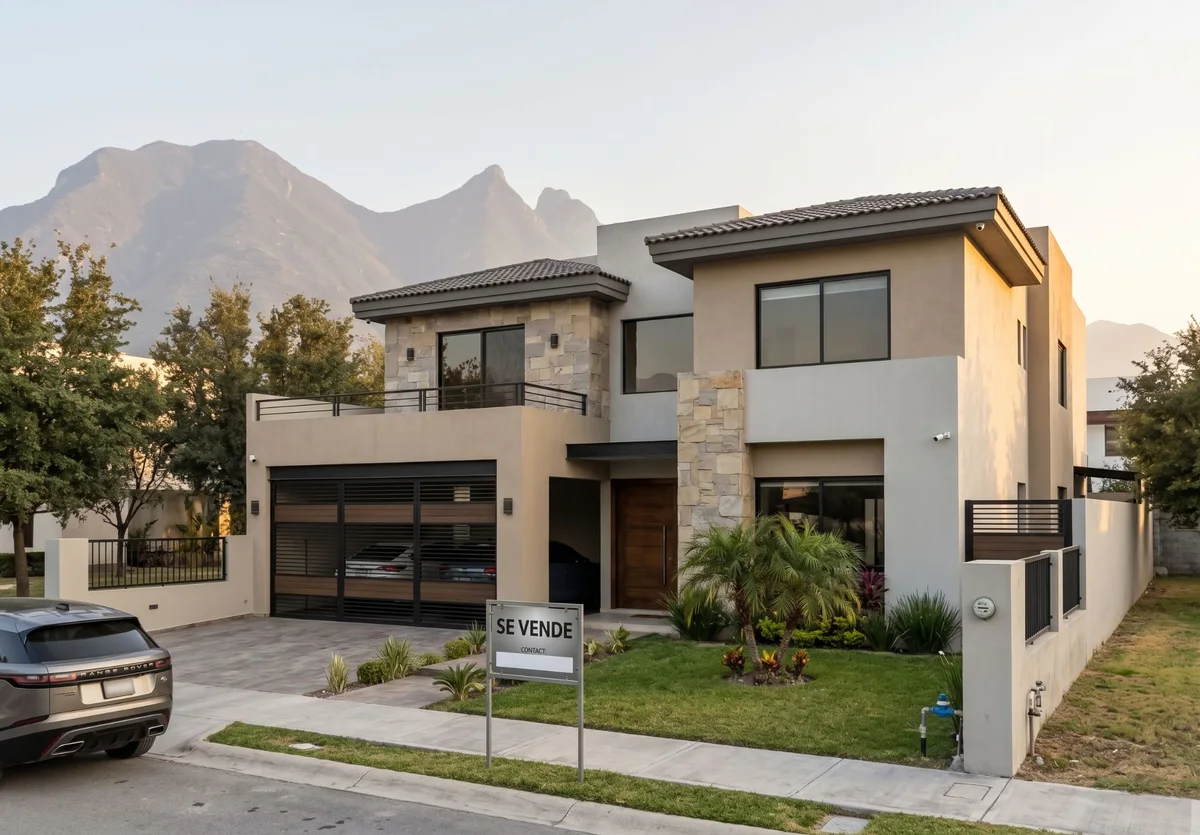 Residencia con letrero de «Se vende» en el jardín y la sierra de Monterrey al fondo
